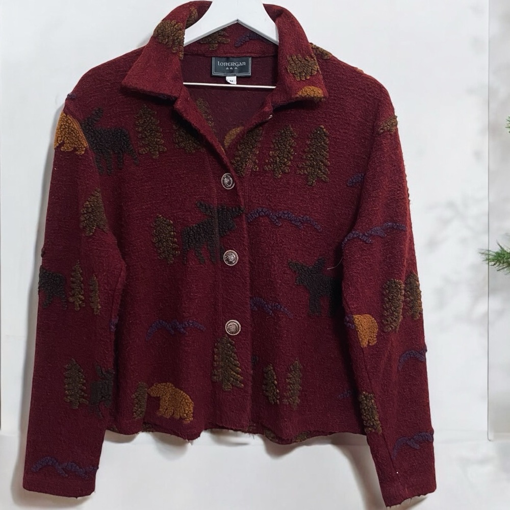 Lonergan Mountain Cabin Vibes Burgundy Sherpa Button Down Sweater‎ Jacket Medium